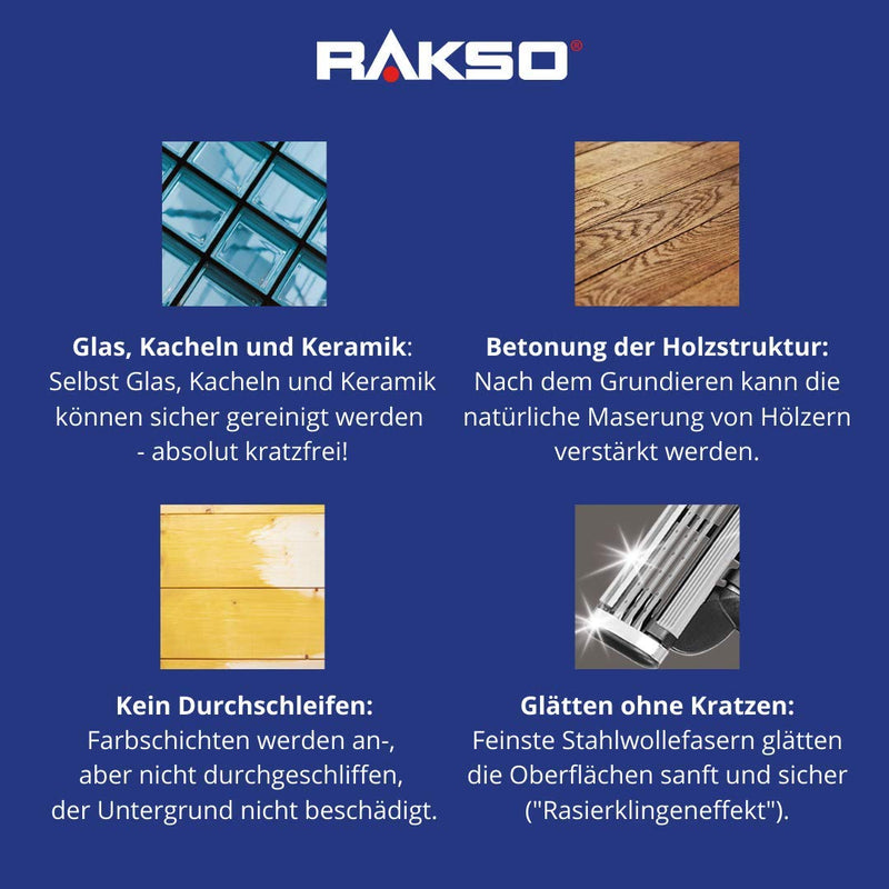 RAKSO Stahlwolle extrafein 0000-2,4 kg, 12 Banderolen à 200g, poliert gewachstes Holz, Kupfer, Messi