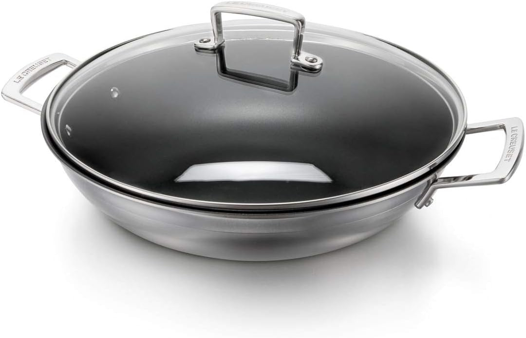 Le Creuset Antihaftbeschichteter Wok aus 3-ply Edelstahl mit Glasdeckel, Ø 30 cm, Für alle Herdarten