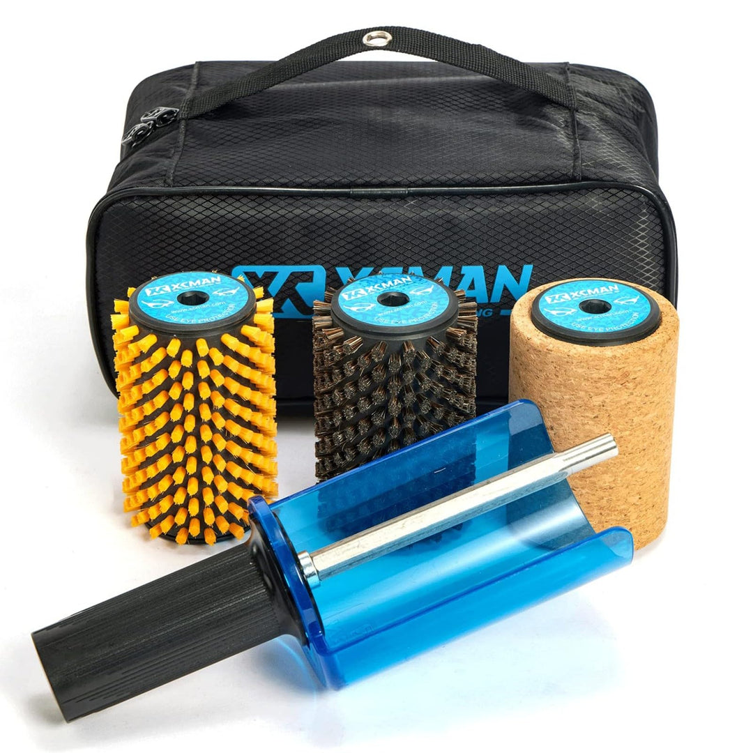 Xcman rotierendes Bürsten-Set für Ski, Bürstengriff mit Achse und 3 Bürsten: Nylon, Rosshaar, Messin