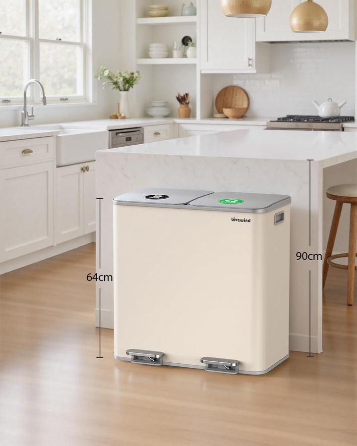 lovewind Mülleimer, 2 x 40L Mülleimer Küche,Doppeleimer für Recycling und Abfall,Soft Beige,Mülleime