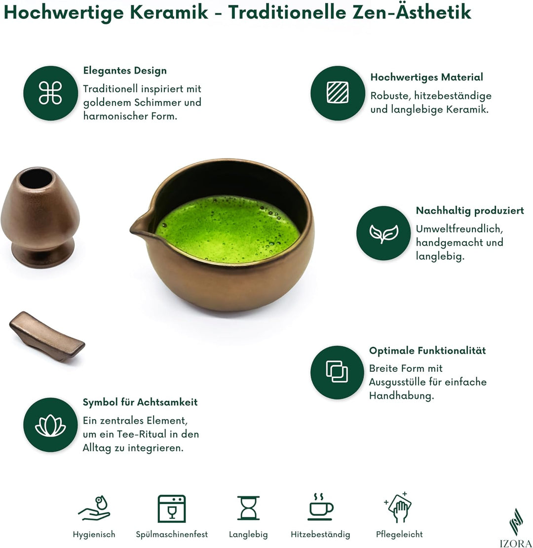 Izora Premium Matcha Set – handgefertigtes Zubehör aus Keramik & Bambus, inkl. Edelstahl-Sieb, Rezep