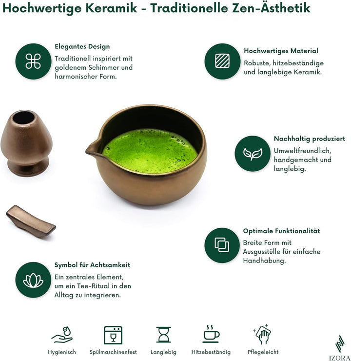 Izora Premium Matcha Set – handgefertigtes Zubehör aus Keramik & Bambus, inkl. Edelstahl-Sieb, Rezep