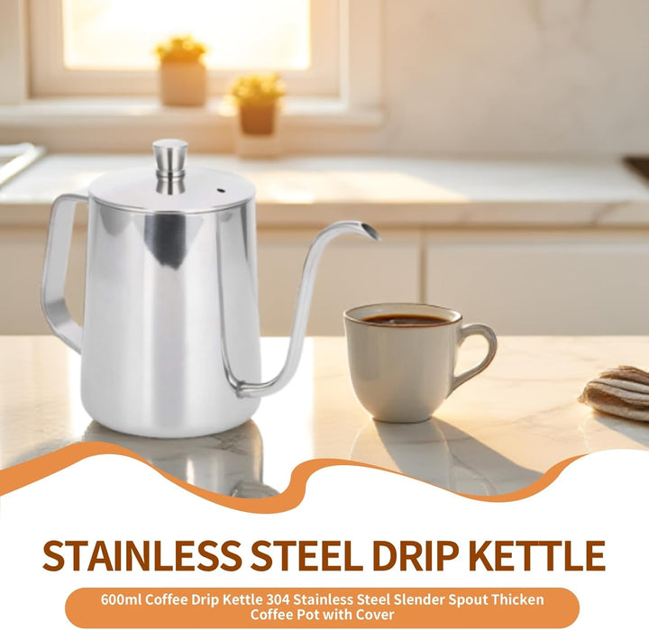 600 ml Kaffeekessel zum Übergiessen, Edelstahl-Schwanenhals-Wasserkocher, langer, schmaler Auslauf,
