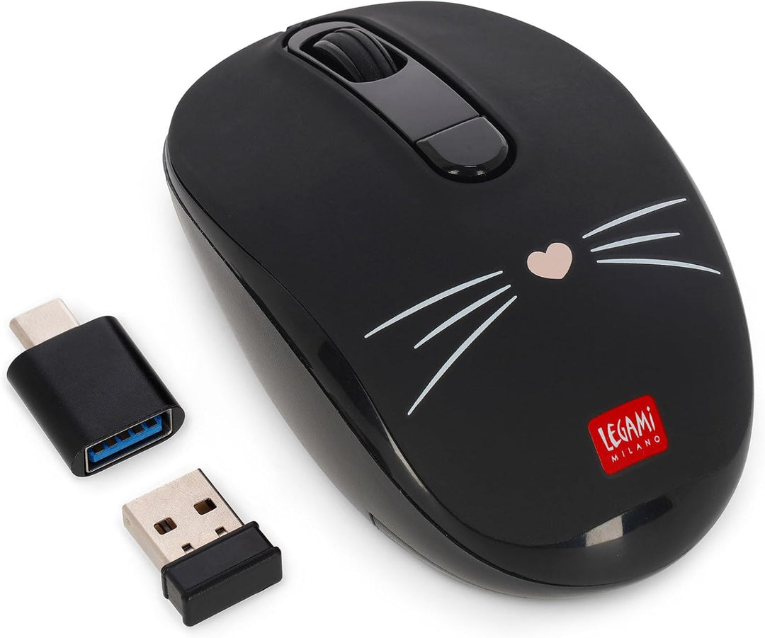 LEGAMI – Kabellose Maus mit ultrakompaktem USB-Empfänger, Kitty, 3 Geschwindigkeitsoptionen, ABS-Mat