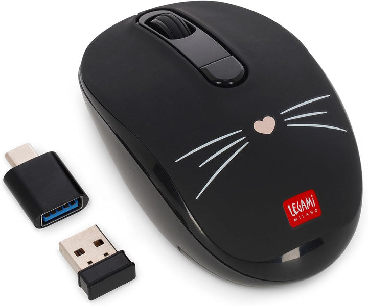 LEGAMI – Kabellose Maus mit ultrakompaktem USB-Empfänger, Kitty, 3 Geschwindigkeitsoptionen, ABS-Mat