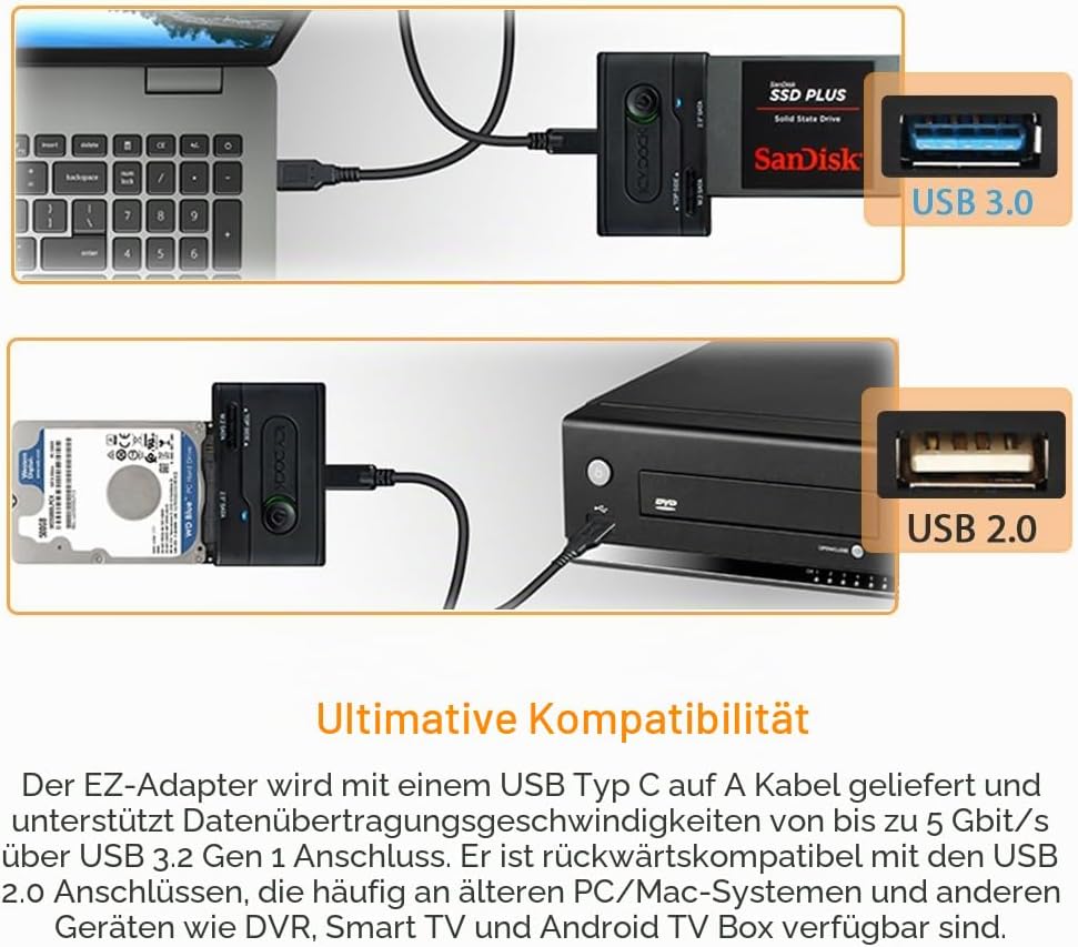 ICY DOCK EZ-Adapter MB031U-1SMB - Externer USB 3.2 Gen1 5Gbit/s Adapter für 2,5 Zoll HDD/SSD oder M.