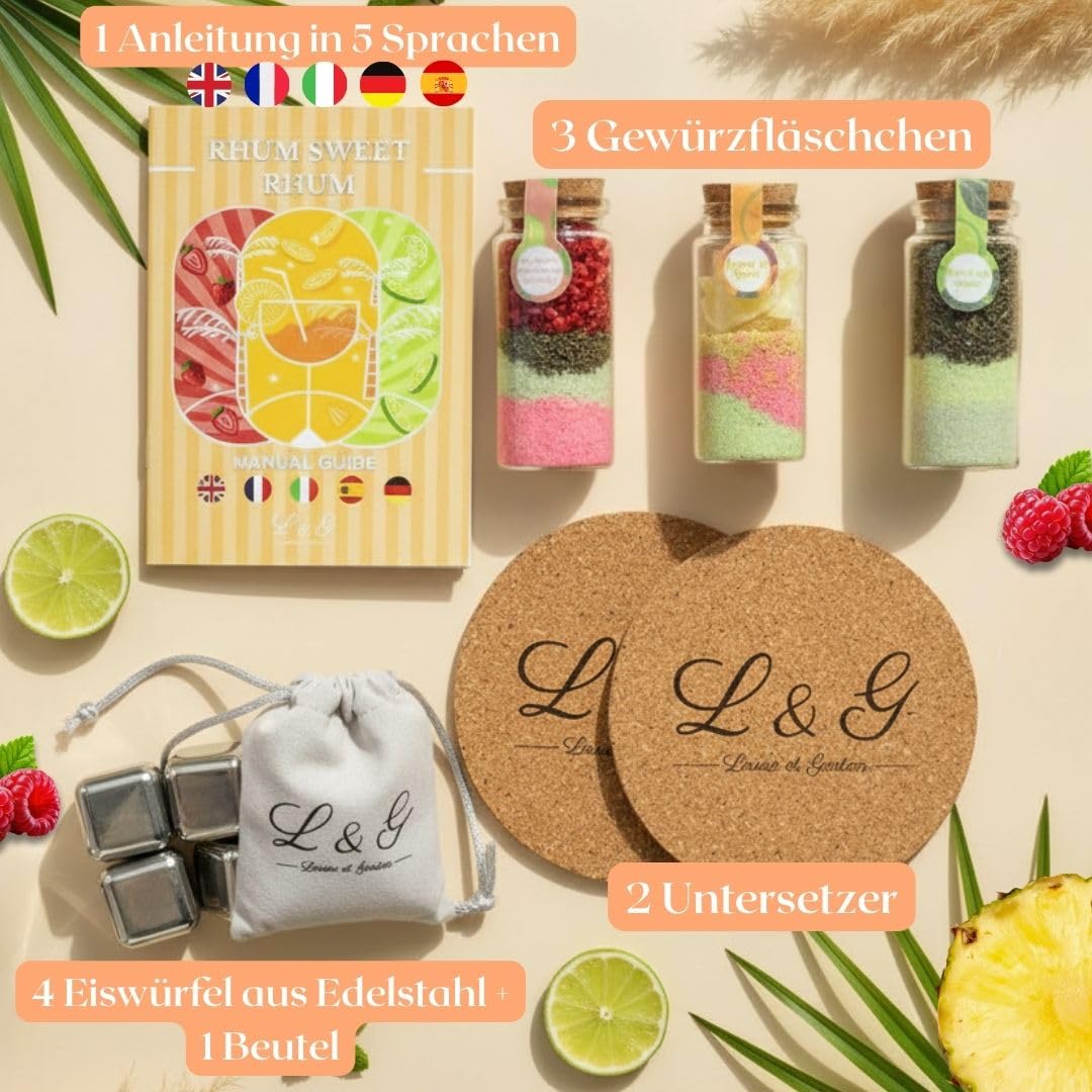 L&G – Rum Sweet Rum Geschenkset | Rum Selber Machen Set mit 3 Gewürzflaschen, Edelstahl-Eiswürfeln &