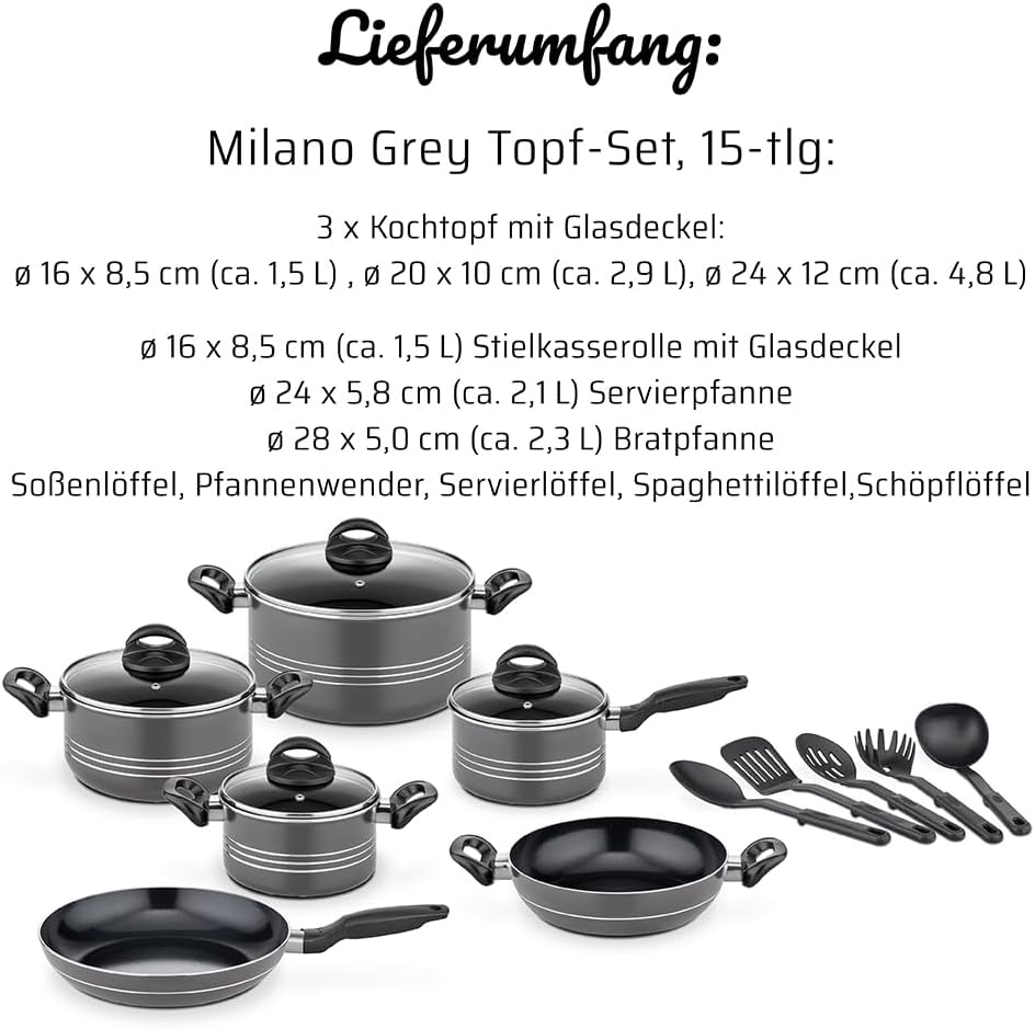 GSW Kochtopf Set Milano Grey, 15-teilig, Hochwertiges Topfset für Induktion, Ceran & Gas, Antihaftbe