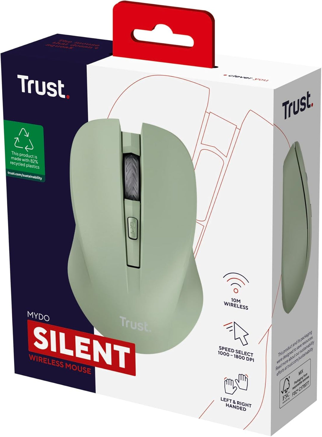 Trust Mydo Leise Funkmaus, 82% aus Recyclingkunststoff, 1000-1800 DPI, Verstaubarer USB Mikroempfäng