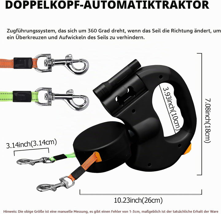 Hundeleine Doppelleine für 2 Hunde mit LED-Licht, einziehbare Leine mit komfortablem Griff, Rolllein