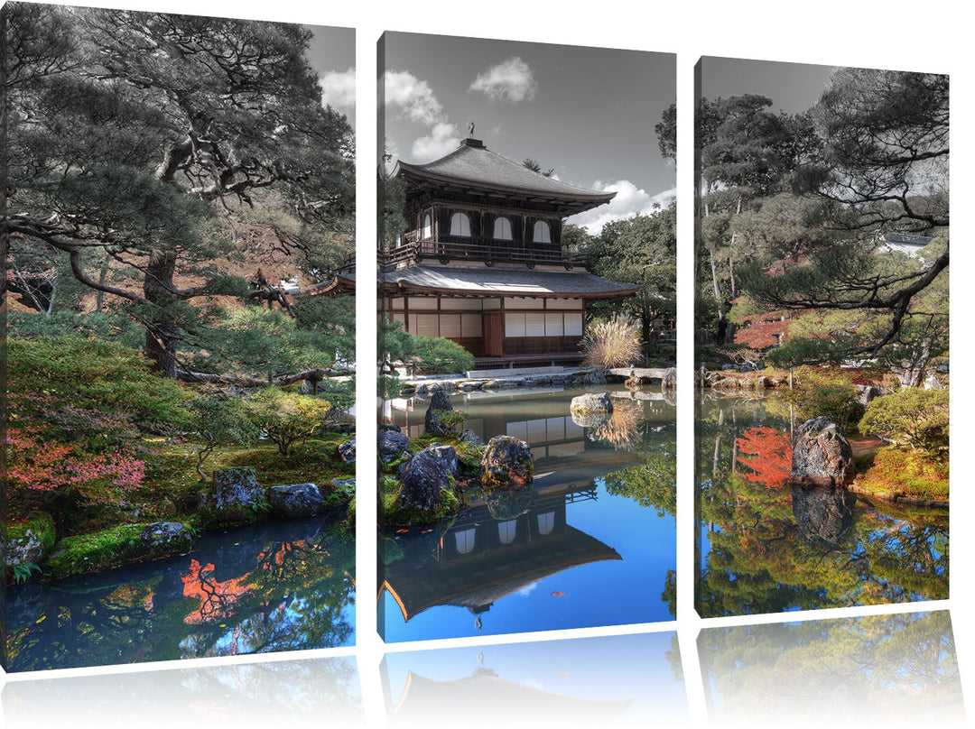 Pixxprint Ginkaku-ji-Tempel in Kyoto / 3-Teilig/Gesamtmass 120cm Leinwandbild bespannt auf Holzrahme