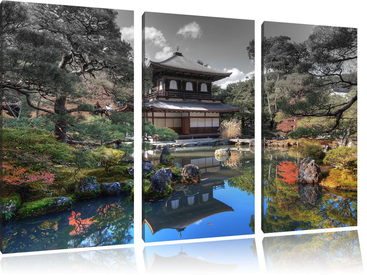 Pixxprint Ginkaku-ji-Tempel in Kyoto / 3-Teilig/Gesamtmass 120cm Leinwandbild bespannt auf Holzrahme