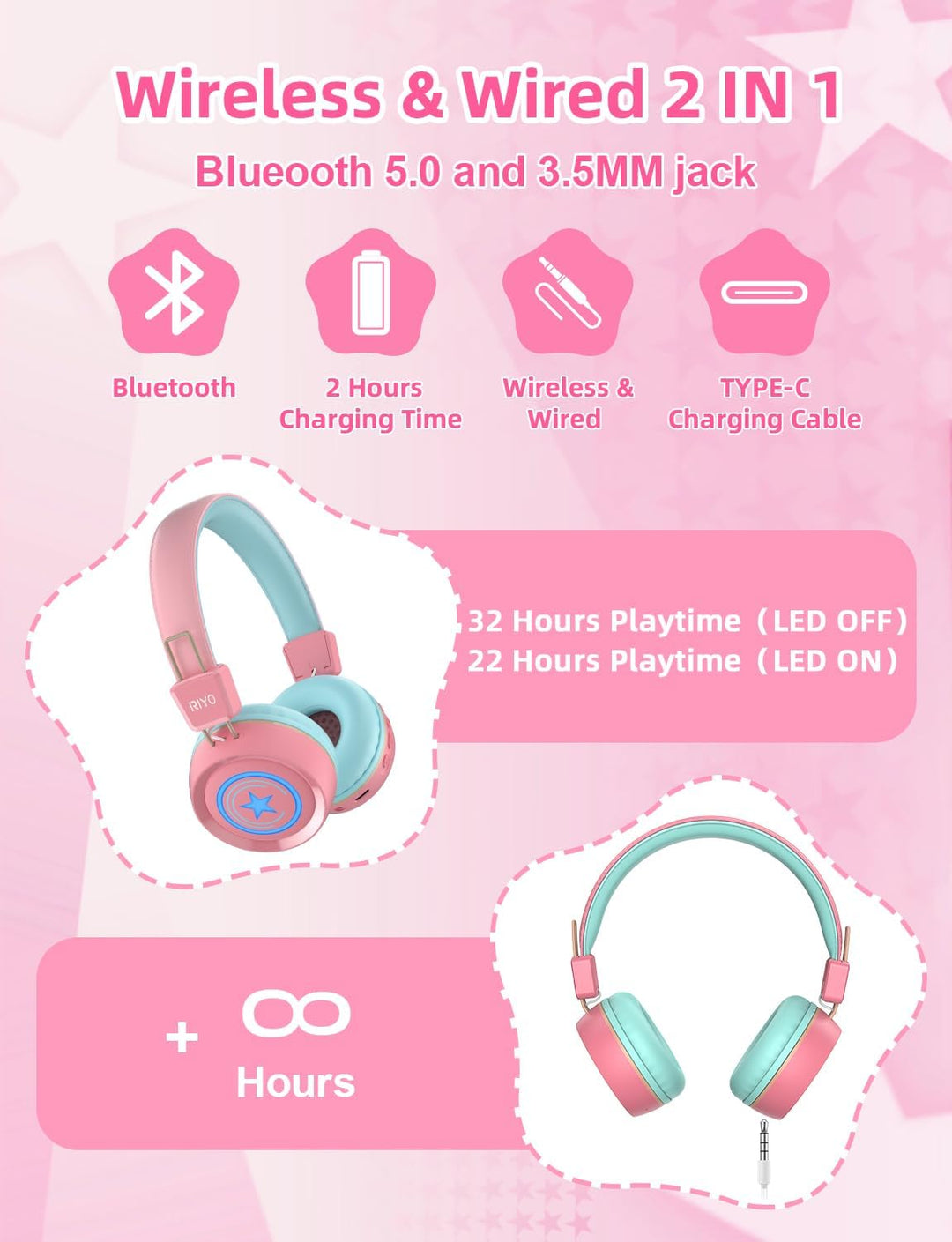 riyo Bluetooth Kopfhörer Kinder, Kinderkopfhörer Kabellos mit LED-Leuchten Bluetooth 5.0 Kinder Kopf