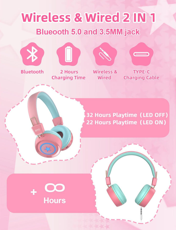 riyo Bluetooth Kopfhörer Kinder, Kinderkopfhörer Kabellos mit LED-Leuchten Bluetooth 5.0 Kinder Kopf