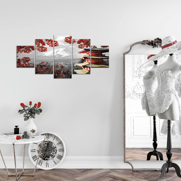 Runa Art Wandbilder Japan 5 Teilig Bild auf Vlies Leinwand Deko Wohnzimmer Schlafzimmer Tempel Rot G