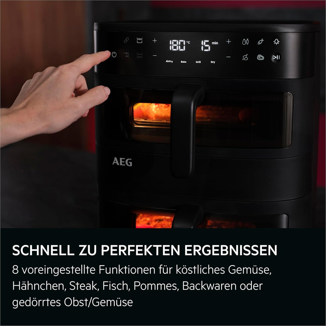 AEG Doppelkorb‑Heissluftfritteuse 11 L, 2 Fächer für Paralleles Frittieren Backen Grillen Dörren, Si
