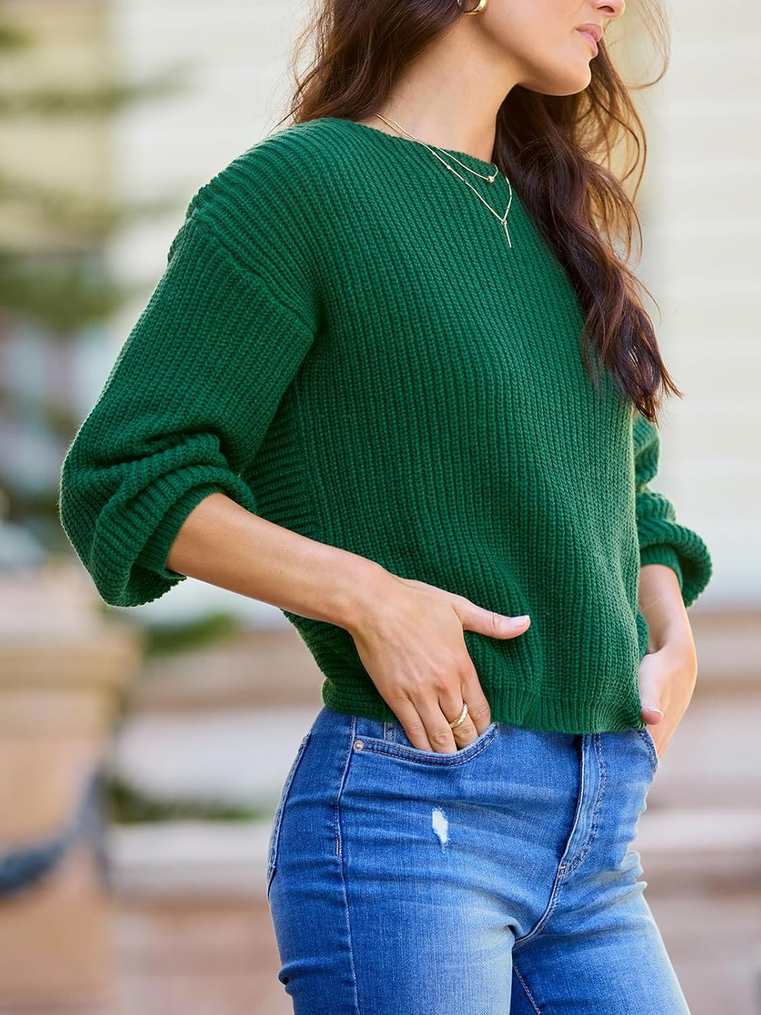 CUPSHE Damen Strickpullover Rundhals Langarm Twisted Rückenfrei Fledermausärmel Rippenstrick Pulli O