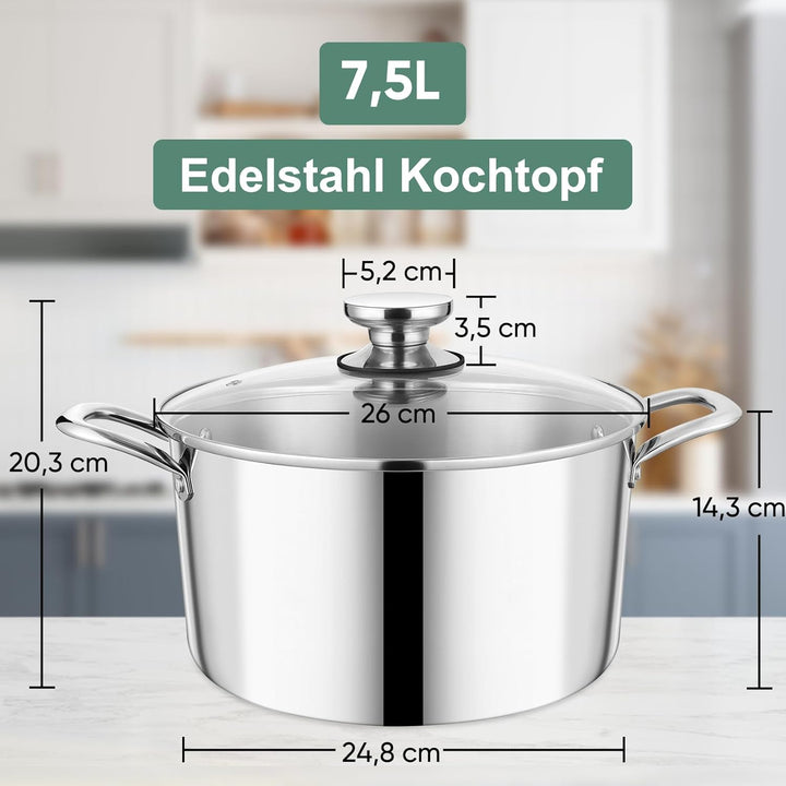 Kochtopf, Onader 3-Lagen Edeastahl Topf Induktion, 7,5L Gross Kochtöpfe Nudeltopf Suppentopf mit Gla