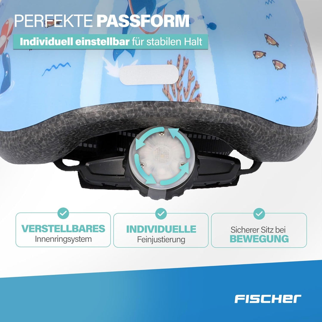 FISCHER Kinder-Helm, Fahrradhelm, Jugendhelm mit integriertem LED-Rücklicht, XS/S, 48-54cm Delfin, D