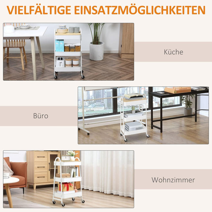 HOMCOM Servierwagen mit 3 Ebenen Küchenwagen mit Rollen Griff Küchenregal mit Korb und Deckel Rollwa