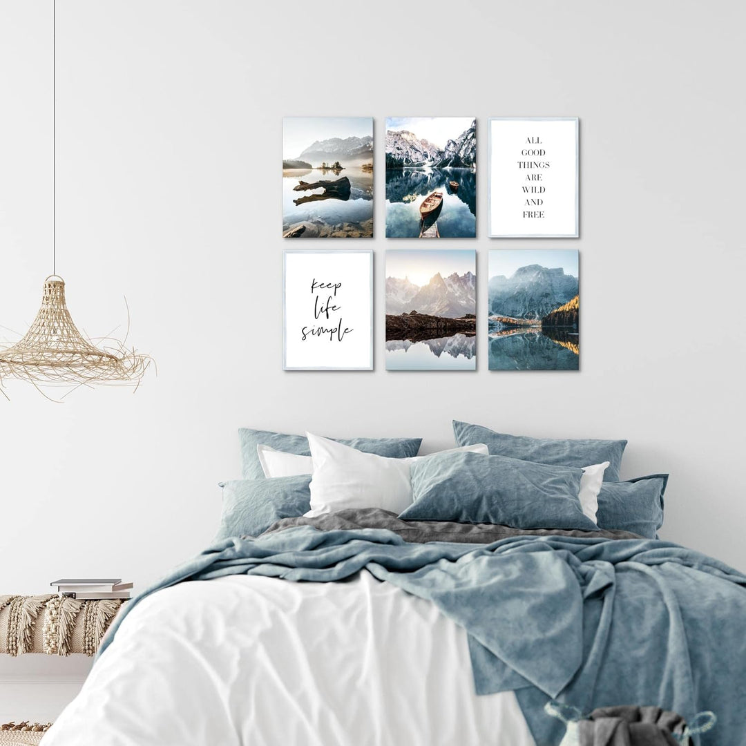 Novart Wandbilder - KEIN EXTRA RAHMEN BENÖTIGT - Wohnzimmer Schlafzimmer - Bilder Modern See Berge b