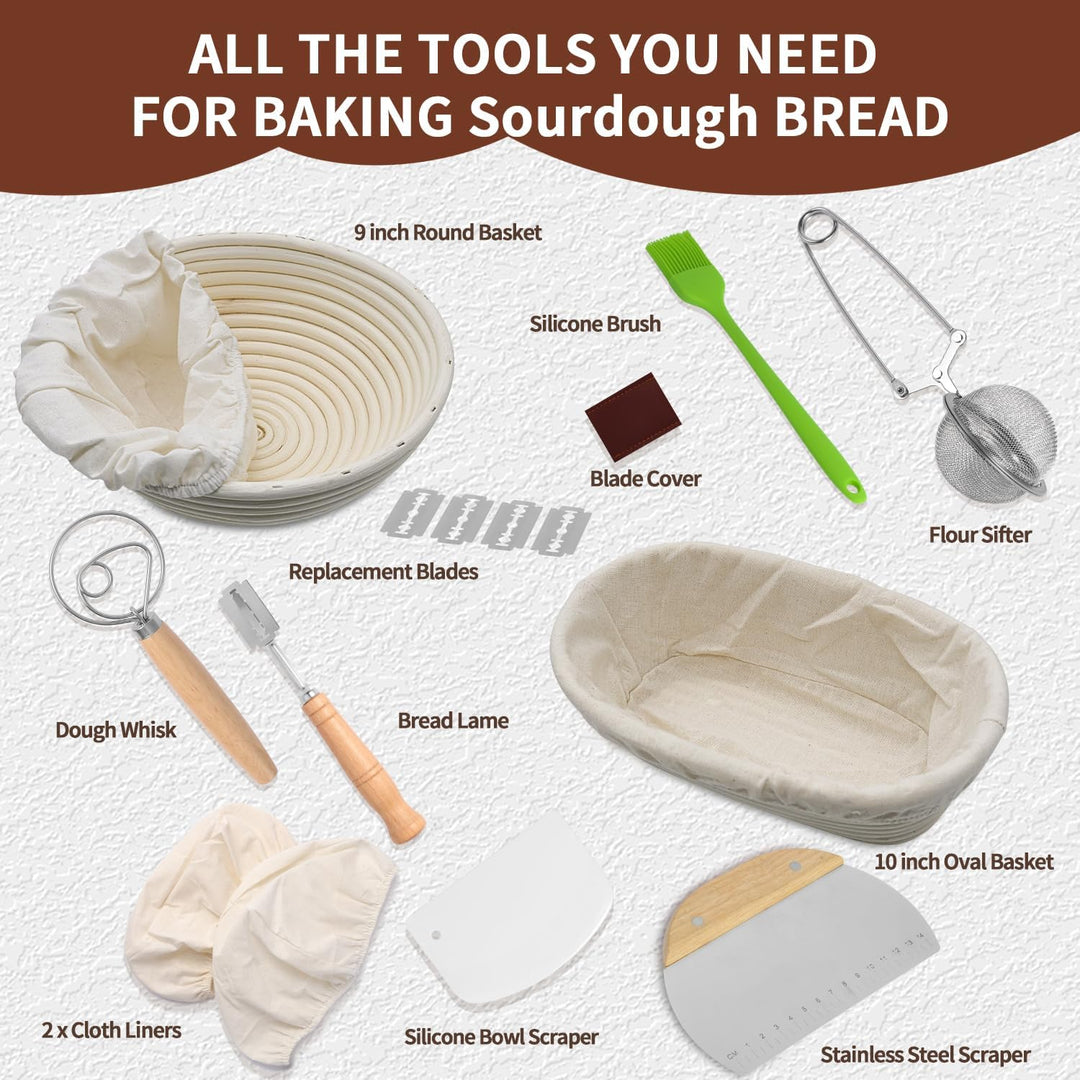 Brotbackset Kuchenkorb, Backkorb oval und rund, 25 cm und 23 cm, Auskleidung, dänischer Schneebesen,