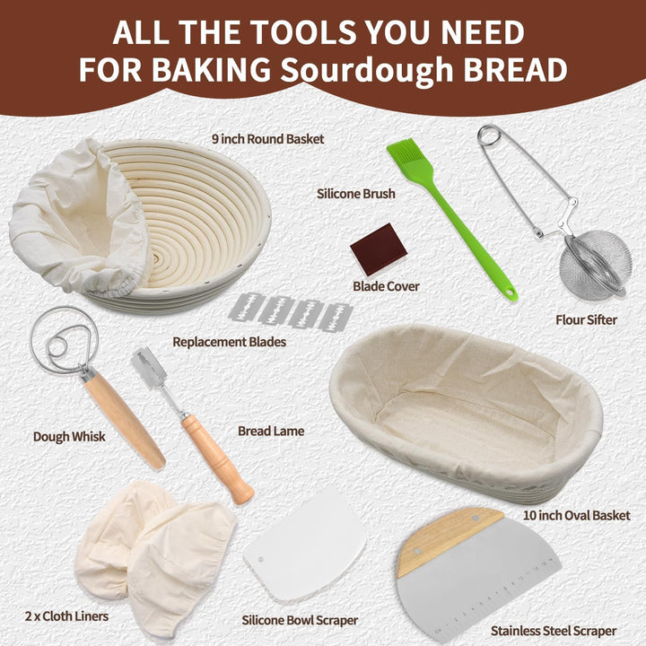 Brotbackset Kuchenkorb, Backkorb oval und rund, 25 cm und 23 cm, Auskleidung, dänischer Schneebesen,