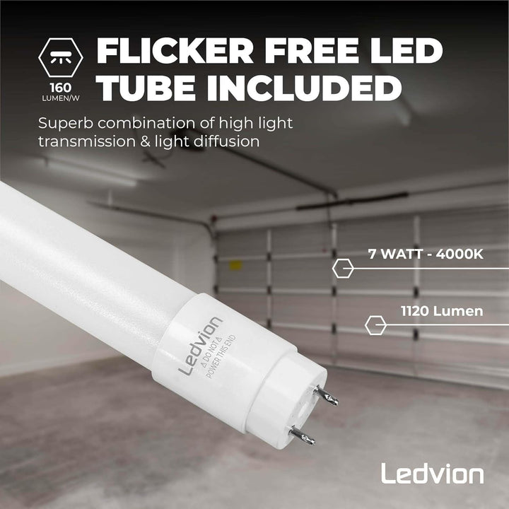Ledvion Feuchtraumleuchte LED 60cm 7W 160lm/W 4000K IP65 mit Röhre | Inklusive LED Starter fuer schn