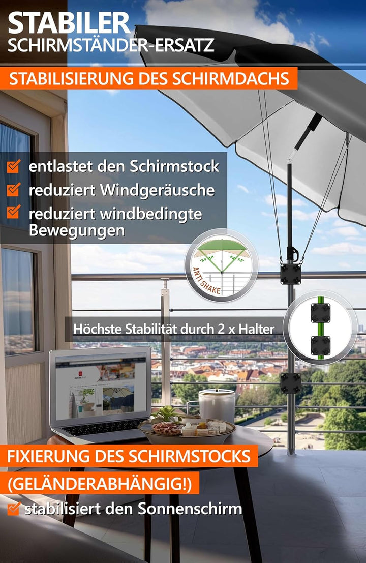 4smile 2 x Sonnenschirmhalter Balkongeländer SunnyGuy 2.0 mit Windsicherung, schwarz Stabiler univer
