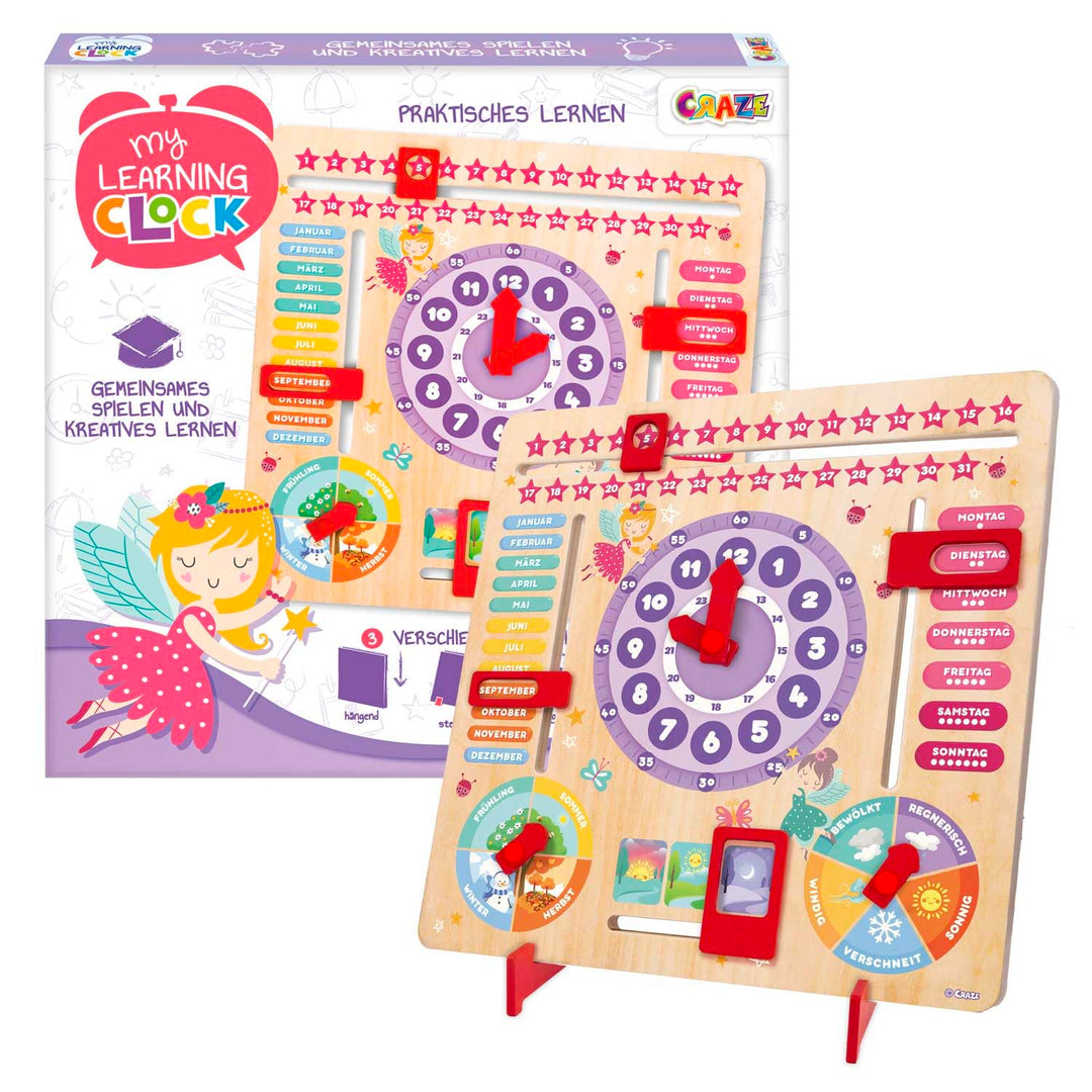 CRAZE My Learning Clock Princess - Lernuhr für Kinder aus Holz, Kalenderuhr zum Lernen für Kinder, L