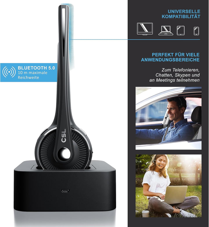 CSL - Bluetooth 5.0 Headset mit Ladestation - PC Headset mit flexiblem Mikrofon - Multipoint - kabel