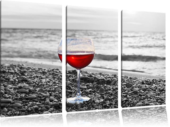Pixxprint Weinglas am Strand als Leinwandbild | Grösse: 3 Teilig (120x80) | Wandbild| Kunstdruck | f