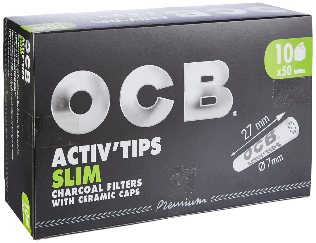 OCB ActivTips Slim 7 mm-Aktivkohlefilter mit Keramikkappen-10 x 50 Stück, Silber, smal Single, Singl