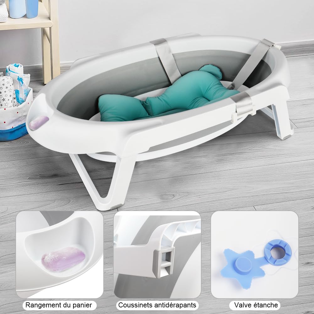 Faltbare Babybadewanne mit Stahlhalterung, ergonomisches Badewannenkissen und Ablaufschlauch – faltb