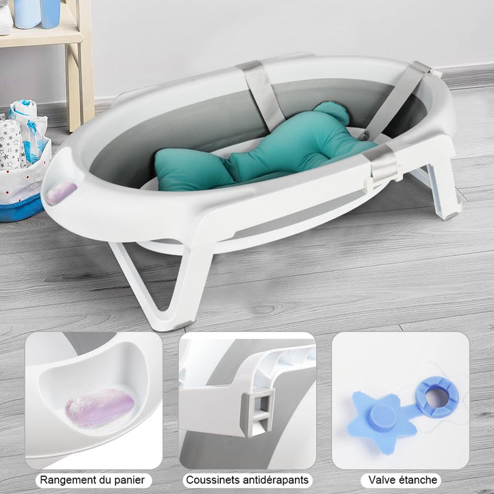 Faltbare Babybadewanne mit Stahlhalterung, ergonomisches Badewannenkissen und Ablaufschlauch – faltb
