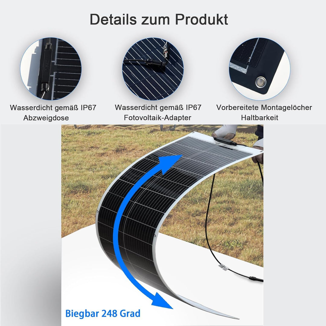 Solarpanel-Kit Flexibel 200W Monokristallines 2X100W Flexibles Solarmodul+20A 12V/24V Solarladeregle