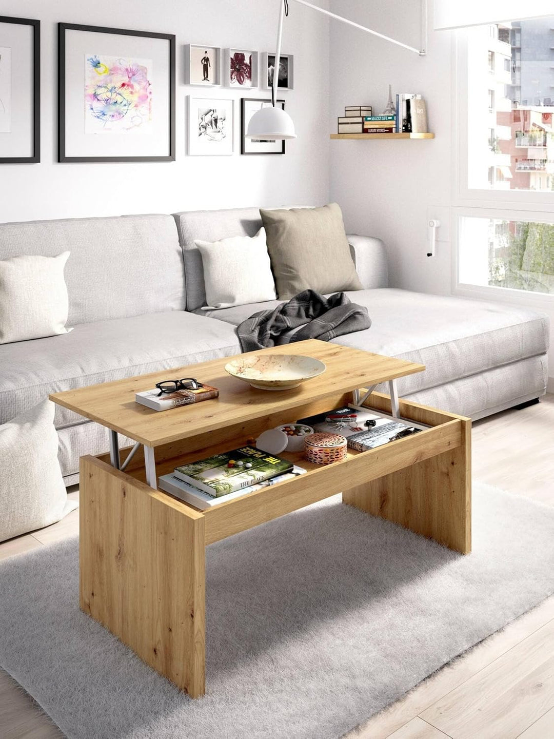 Dmora Cuar, Wohnzimmer Zeitschriftenhalter mit Stauraum, Couchtisch erhöht, 102x50h43 cm, Nodi, Eich
