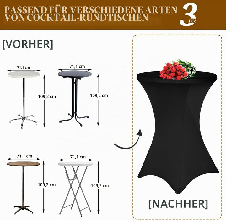 3 Stück Schwarz Stehtisch Hussen Stehtische, Stehtischhusse für Ø 70-75 cm Stehtische und Bistrotisc