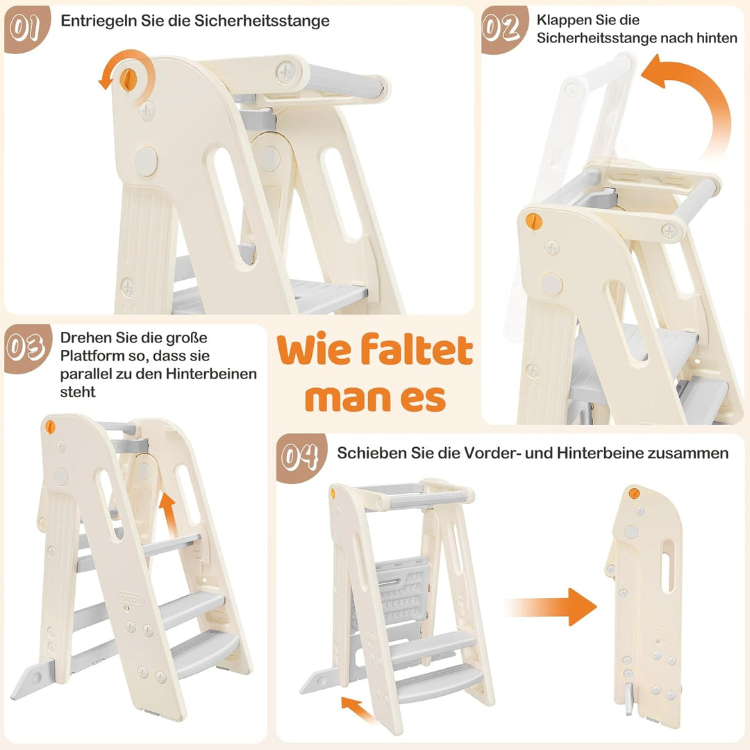 Lernturm für Kinder mit Sicherheitsgeländer, Lernturm Klappbar, Höhenverstellbar, Learning Tower mit