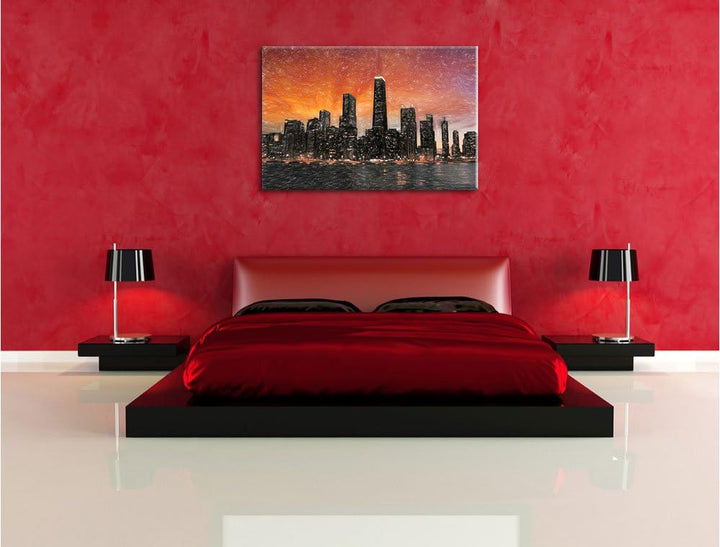 Pixxprint Chicago-Wolkenkratzer-Silhouette als Leinwandbild/Grösse: 100x70 cm/Wandbild/Kunstdruck/fe