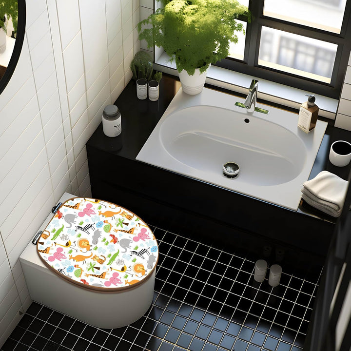 banjado® Design WC Sitz Bambus Absenkautomatik mit Motiv Fröhliche Tiere/Toilettendeckel mit Absenka