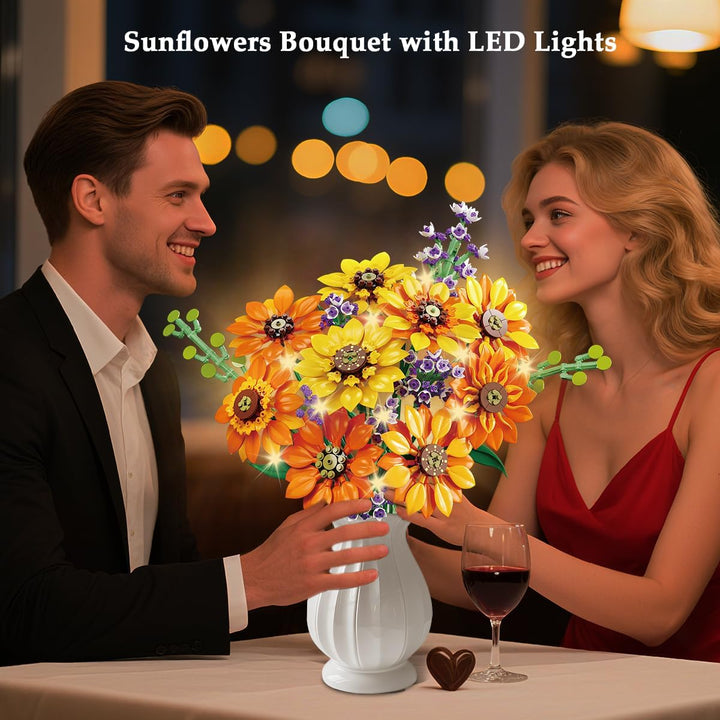 CUBIMANA Blumen-Sonnenblumenstrauss-Bausatz mit Lichtern – 17 Blumen botanische Sammlung künstliche