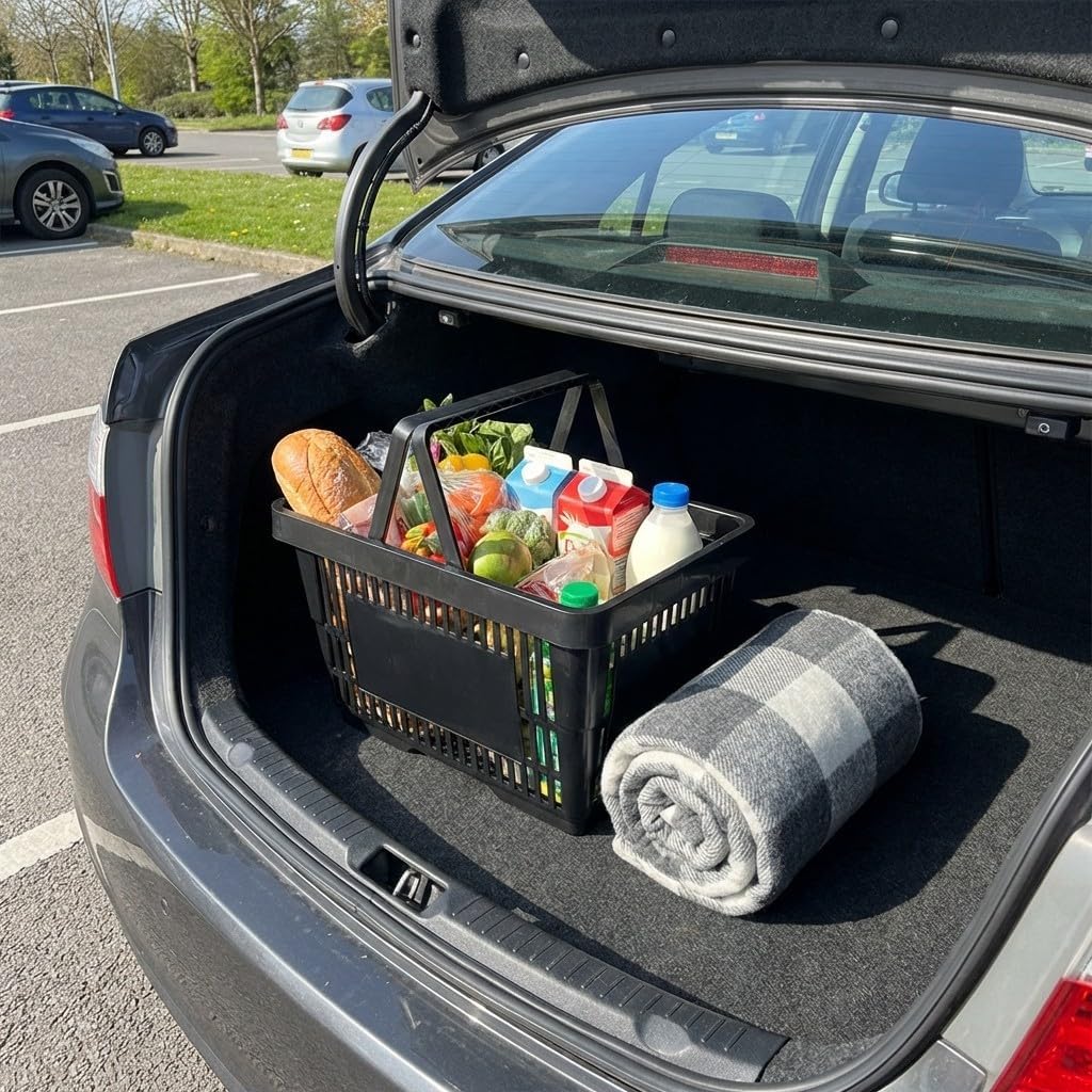 Einkaufskörbe 2 Stück Körbe schwarz mit zwei Tragegriff aus Plastik 28 Liter Verkaufskörbe stapelbar