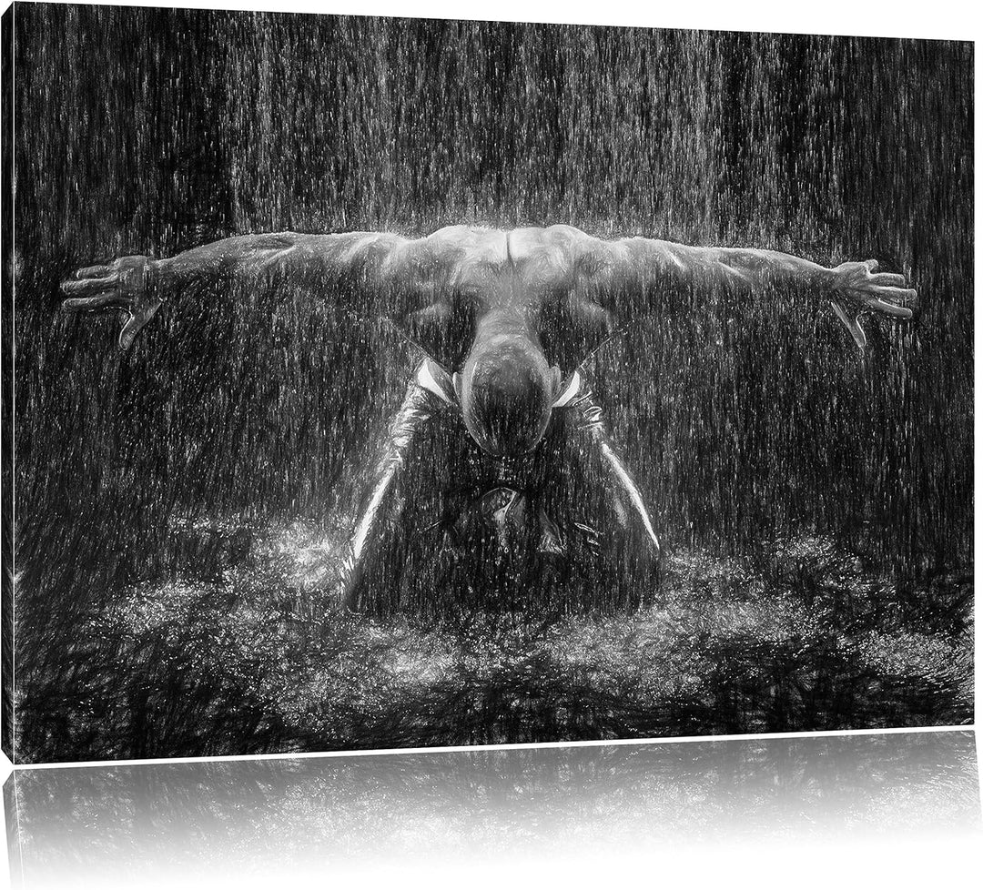 Pixxprint Bodybuilder im Regen Kunst Buntstift Effekt, Format: 100x70 auf Leinwand, 100x70