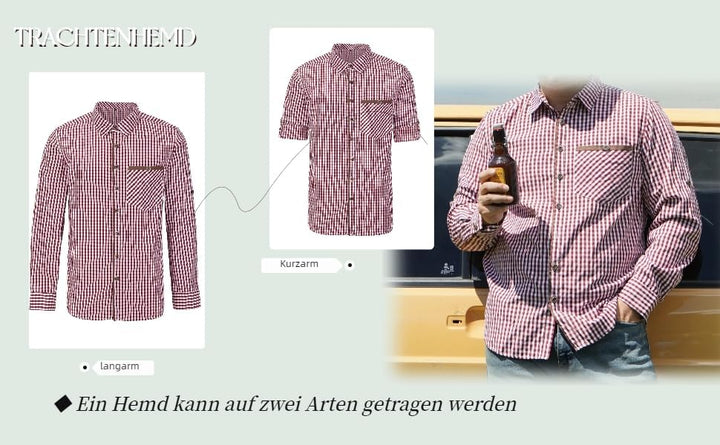 Dirndlwelle Trachtenhemd Herren,100% Baumwolle Rot/Grün/Weiss Oktoberfest Trachtenhemd Herren Langar