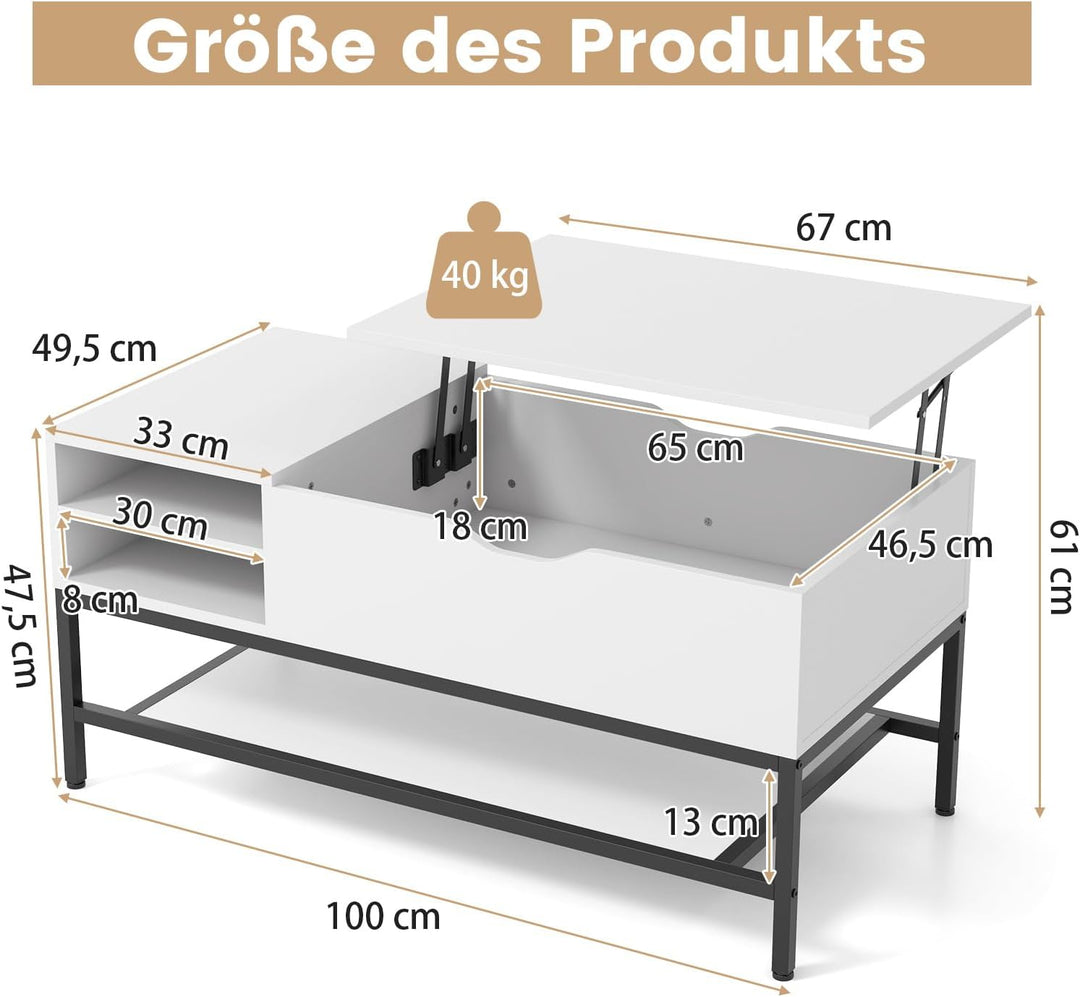 COSTWAY Couchtisch mit anhebbarer Platte, Kafeetisch höhenverstellbar, Wohnzimmertisch mit versteckt