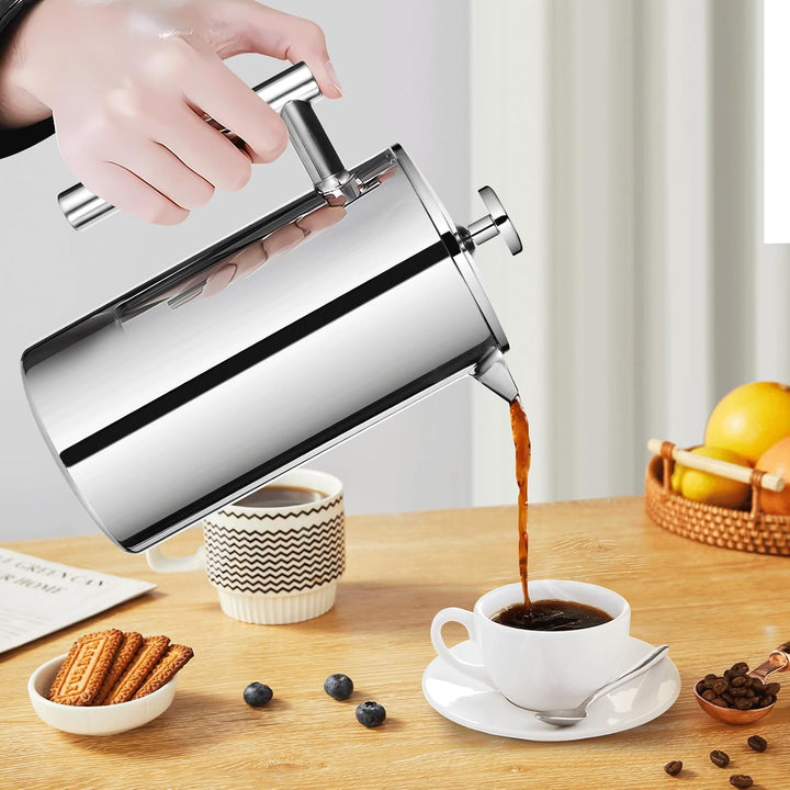 Kaffeebereiter 1000ml, French Press Edelstahl, Kaffeepresse 8 Tassen mit 3 Edelstahlfilter System, D
