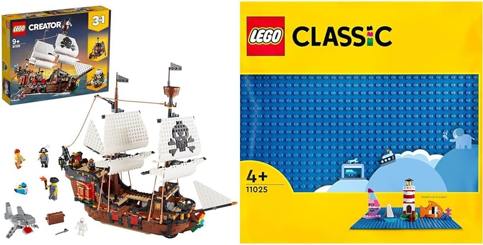 LEGO 31109 Creator 3-in-1 Piratenschiff Set & 11025 Classic Blaue Bauplatte, quadratische Grundplatt