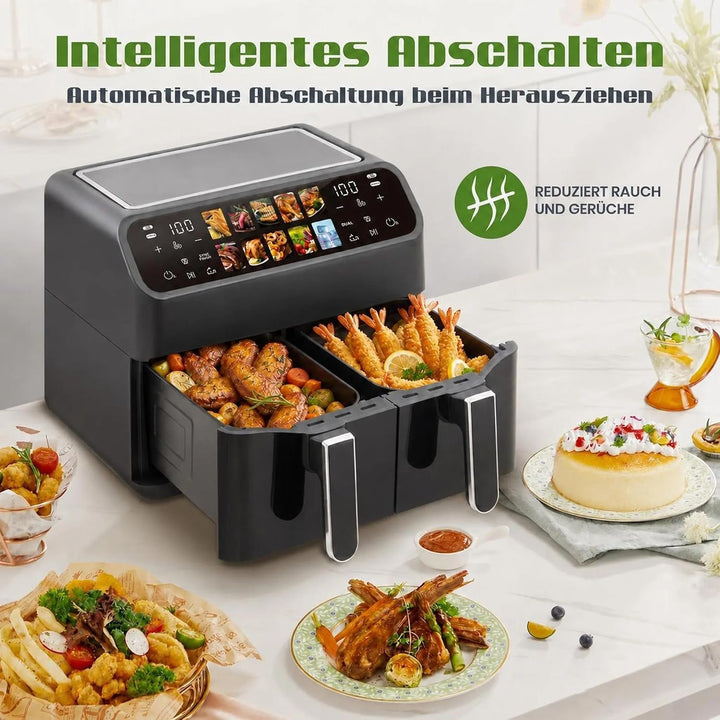 Heissluftfritteuse 9L XXL Dual 2000W, Airfryer mit 2 Kammern, Sichtfenster, Farb-Touchscreen, 10 Pro