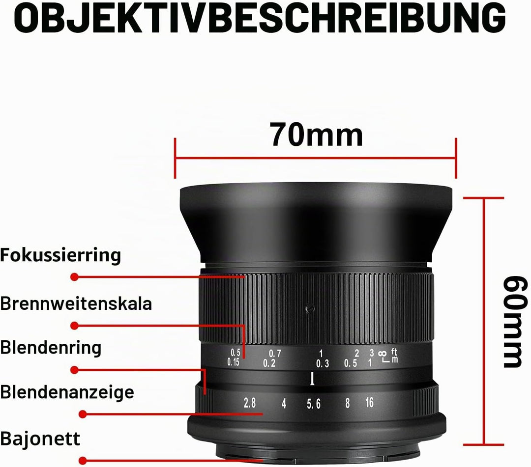 7artisans 12 mm F2.8 Mark Ⅱ Ultra-Weitwinkel APS-C Manueller Fokus Prime Objektiv kompatibel für Can